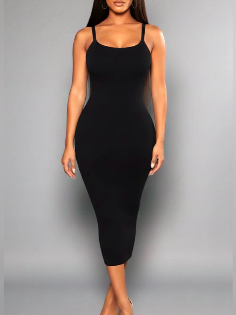 Slim-Fit Black Midi Dress with Spaghetti Straps